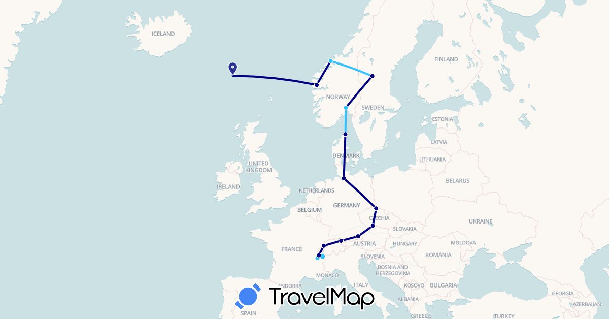 TravelMap itinerary: driving, boat in Switzerland, Czech Republic, Germany, Denmark, Faroe Islands, France, Norway, Sweden (Europe)